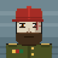 A pixel art character depicting a soldier with a beard wearing a red cap and green uniform with medals.