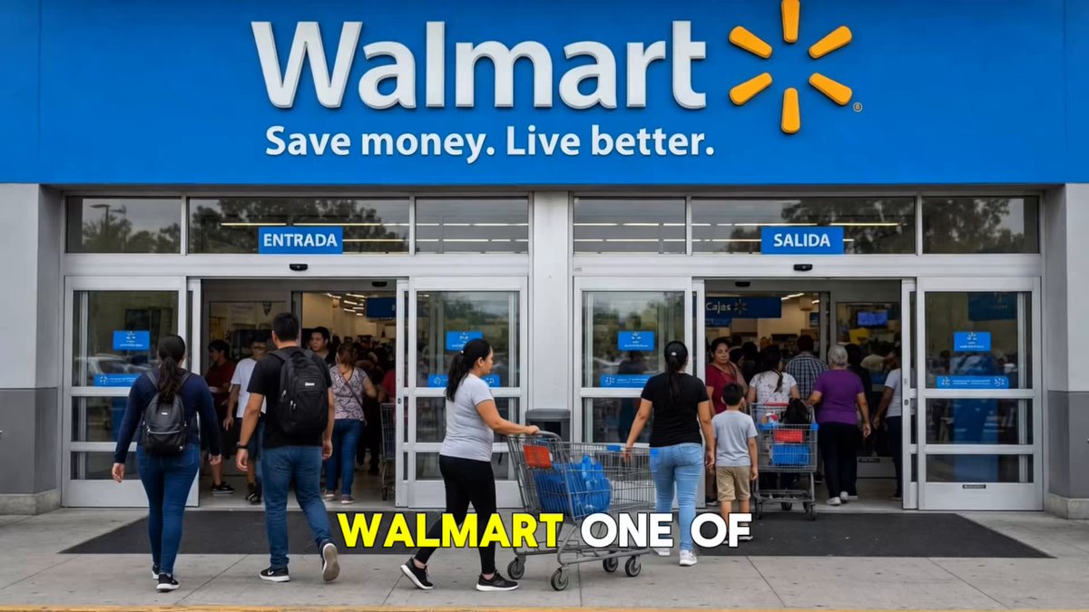 The image shows a group of people walking out of a Wal-Mart store with their shopping carts. The scene also includes a sign that says "Walmart" above the entrance, indicating the location of the store. A person wearing a backpack is seen in front of the store as well. There are several people and shopping carts visible outside the store, suggesting that they have just completed their shopping trip at Wal-Mart.