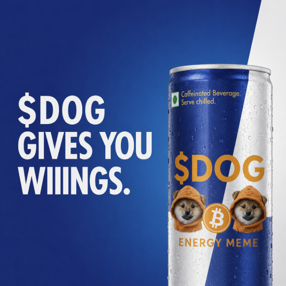 An advertisement for a beverage called '$DOG ENERGY MEME' with the tagline '$DOG GIVES YOU WIIINGS,' featuring Shiba Inu dogs and a Bitcoin symbol on the can.