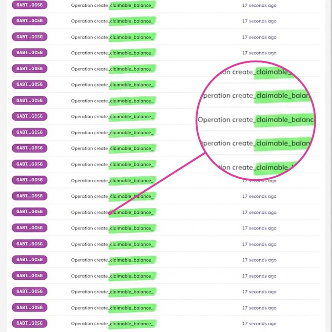 A list of blockchain transactions, magnified to show repeated 'Operation create_claimable_balance' entries from the account GABT...GC56 occurring 17 seconds ago, highlighted with a pink circle.