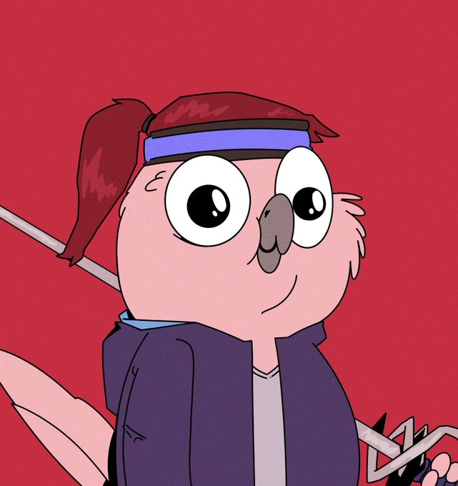 An animated cartoon character with pink skin, a red ponytail, blue headband, and large expressive eyes, wearing a purple jacket against a red background.