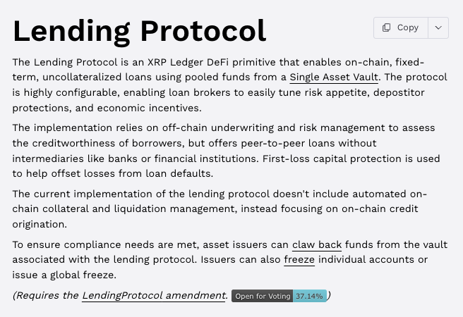 A screenshot of an XRPL documentation page titled "Lending Protocol" describes an XRP Ledger DeFi primitive enabling on-chain, fixed-term, uncollateralized loans through a Single Asset Vault, with the feature requiring the "LendingProtocol" amendment, currently "Open for Voting" at 37.14%. The image relates to the post by illustrating how the new XRP Ledger lending protocol would allow holders to lend their XRP to institutions, earning yield on their holdings without needing to sell.