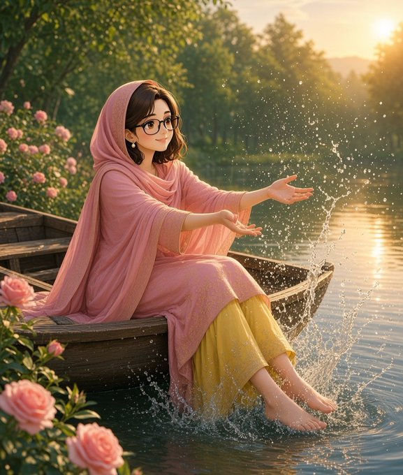 An artistic illustration of a young woman wearing glasses and a pink headscarf sitting in a wooden boat, splashing water with her hands on a lake at sunset.