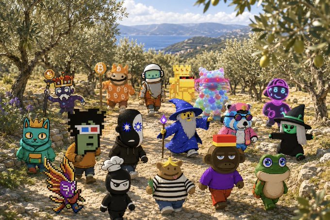 A group of various NFT-style cartoon characters including CryptoPunks, Bitcoin figures, wizards, bears, and frogs standing together in a Mediterranean olive grove landscape.