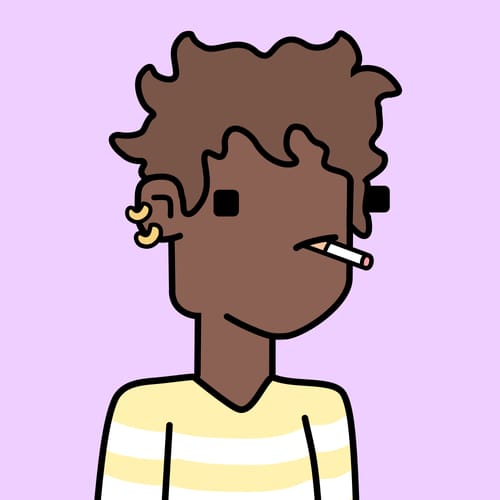 A simple digital drawing depicts a character with brown skin, curly dark hair, a small gold hoop earring, and a lit cigarette in their mouth, wearing a yellow and white striped shirt against a light purple background.