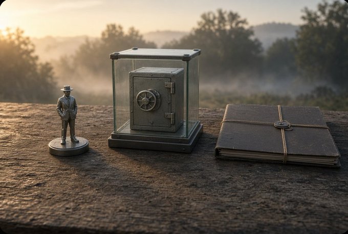 A miniature figurine of a man in a suit stands next to a small safe and a leather-bound journal on a textured surface, with a misty, forested landscape in the background.