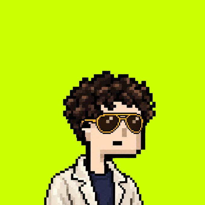 A pixel art portrait of a person with curly brown hair, wearing aviator sunglasses and a white jacket over a dark shirt, set against a bright green background.