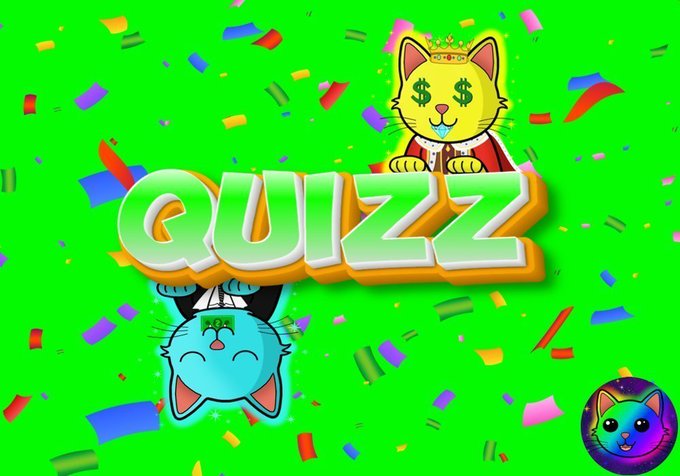 A bright green graphic displays the word "QUIZZ" in colorful 3D letters, featuring a golden cat wearing a crown and red robe with dollar sign eyes, plus a blue upside-down cat character.
