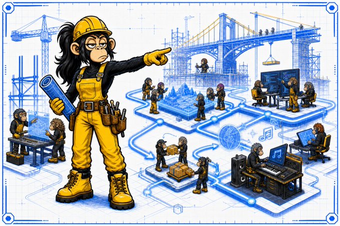 An illustrated blueprint-style image showing a female construction worker in yellow overalls and hard hat pointing forward, surrounded by smaller monkey workers engaged in various tasks like blueprint reading, bridge building, and music production.