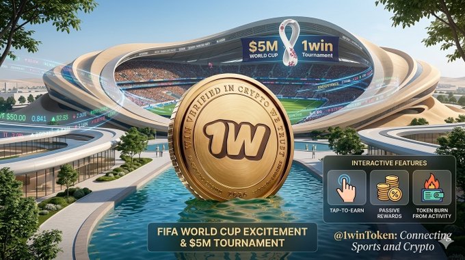 The image features a large golden coin, possibly a trophy or a prize, placed in front of a stadium with a pool of water surrounding it. The text "@1winToken" suggests that this could be related to the FIFA World Cup, as the post mentions the @1winToken hashtag and the excitement around the event. It is also possible that the image is promoting a crypto project or token associated with the tournament.