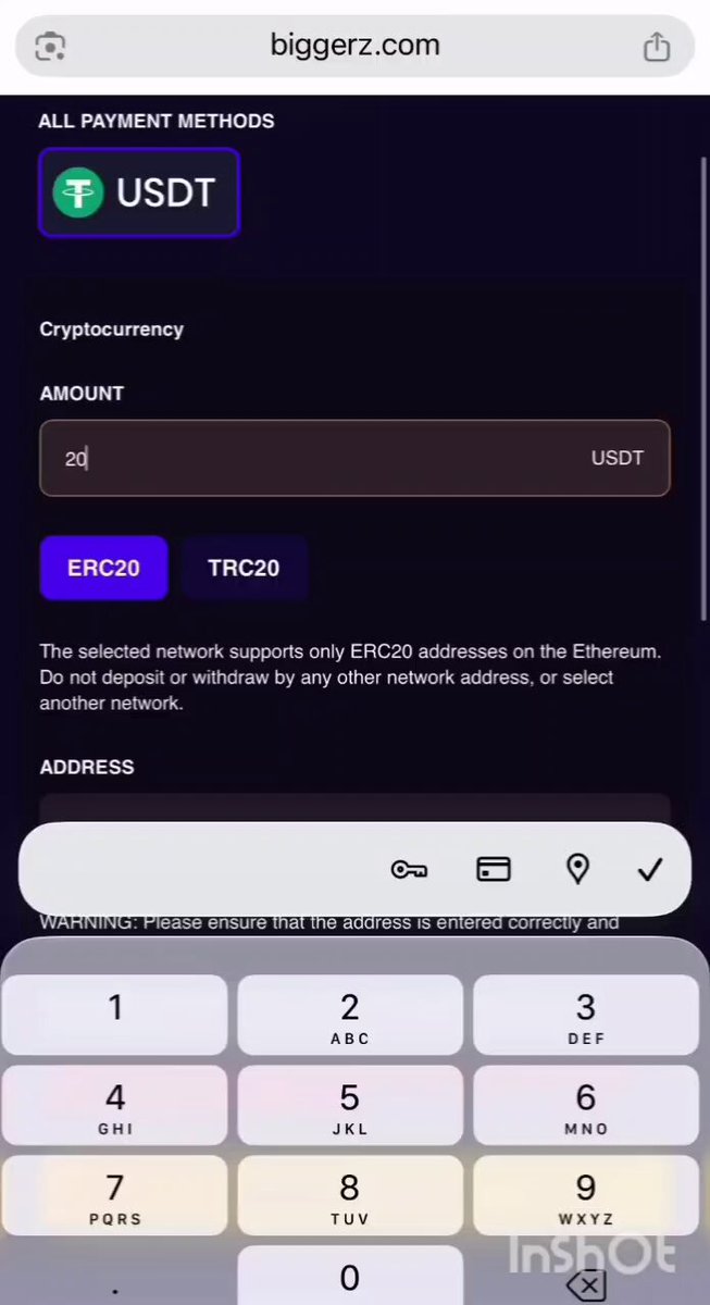 The image shows a screenshot of a mobile phone screen displaying an interface for a cryptocurrency exchange called "BiggerZ com". The main focus of this app is the "USDT" payment method, which allows users to transfer their Bitcoin or Ethereum assets from one digital wallet to another securely through the platform. The user's selected network also supports Ether and Bitcoin addresses for seamless integration into the exchange system. The screen provides step-by-step instructions on how to use the payment method effectively.