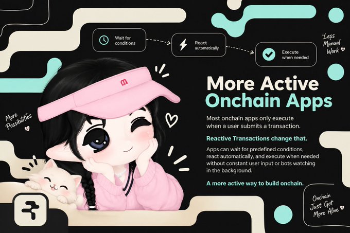 An illustration advertising 'More Active Onchain Apps' featuring a cute anime-style girl in a pink visor winking with a cat, explaining reactive transactions that execute automatically when needed.