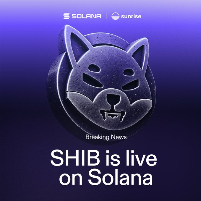 A purple promotional graphic displays a metallic Shiba Inu coin alongside logos for Solana and Sunrise, with text reading 'Breaking News: SHIB is live on Solana'.