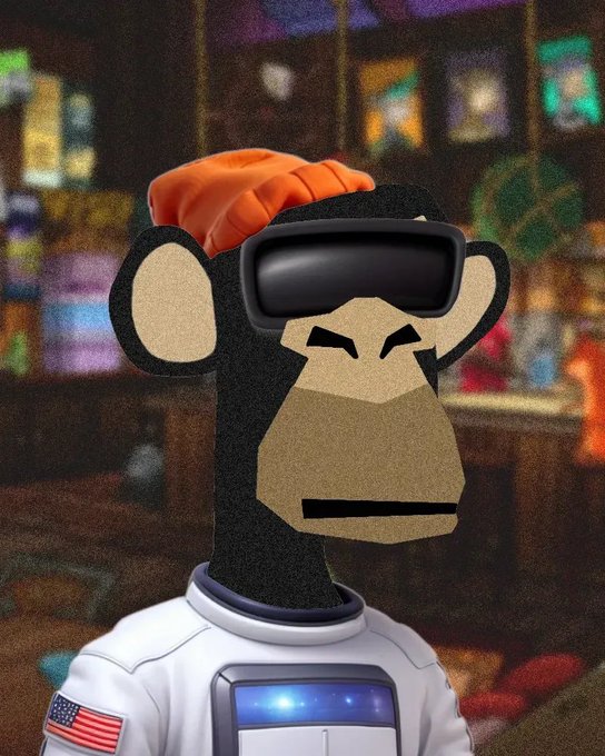 A digitally edited image of a Bored Ape NFT character wearing a VR headset, a red beanie, and a white spacesuit with an American flag patch.