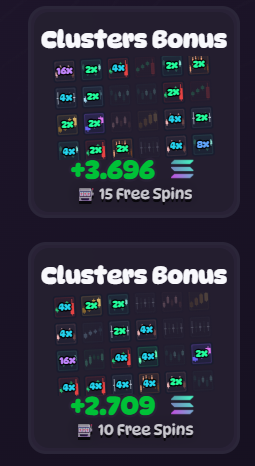 The image shows two "Clusters Bonus" notifications from what appears to be an online slot game, displaying wins of +3.696 (15 Free Spins) and +2.709 (10 Free Spins) alongside various symbol multipliers like 16x, 2x, 4x, and 8x. This likely represents bonus rounds hit while the streamer is live on Kick, promoting their gaming stream and encouraging viewers to send SOL tips.