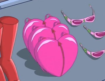 A cartoon-style image showing a row of pink heart-shaped backpacks lined up next to matching heart-shaped sunglasses with green jewel accents, with red boots partially visible on the left.
