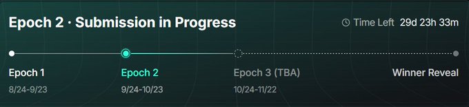 A progress timeline graphic showing 'Epoch 2 · Submission in Progress' with 'Time Left 29d 23h 33m', highlighting Epoch 2 (9/24-10/23) between Epoch 1 and Epoch 3 (TBA).