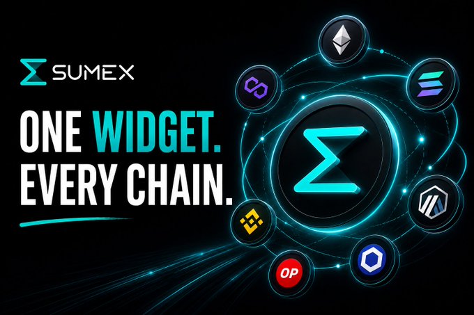 A promotional graphic for SUMEX reads 'ONE WIDGET. EVERY CHAIN.' alongside a central Sigma logo surrounded by icons representing various blockchain networks including Ethereum, Solana, Polygon, and Optimism.