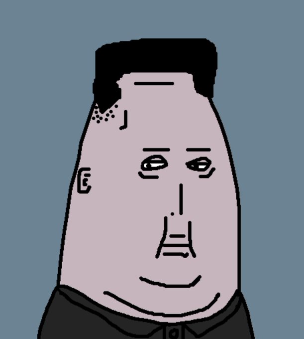 The image features a cartoon-style drawing of a man's face, which appears to be a character or a person. The man has a large head and a small body, giving him an unusual appearance. He is wearing a black shirt, adding to his unique look. The background color of the image is blue, providing a contrast that makes the cartoon-style drawing stand out. The caption below the image reads "My second venture into the Hedera NFT World This Kim Jong Un was way too cool to miss XRPunk rocking with the Hedera Punks".