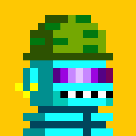 A pixel art character with a green hat, purple and cyan face, and teal body is displayed against a yellow background.