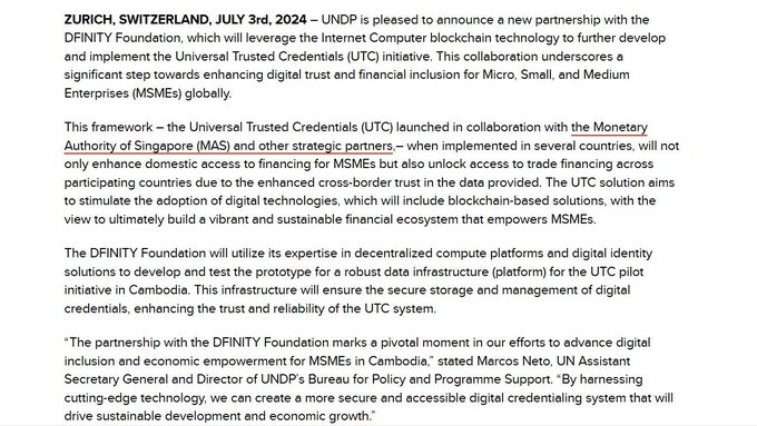 UNDP press release from Zurich, Switzerland, dated July 3rd, 2024, announcing a new partnership with the DFINITY Foundation to develop the Universal Trusted Credentials (UTC) initiative using Internet Computer blockchain technology for MSMEs.