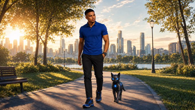A man in a blue polo shirt and dark pants walks along a park path with a city skyline in the background, accompanied by a robotic black dog with glowing blue accents.