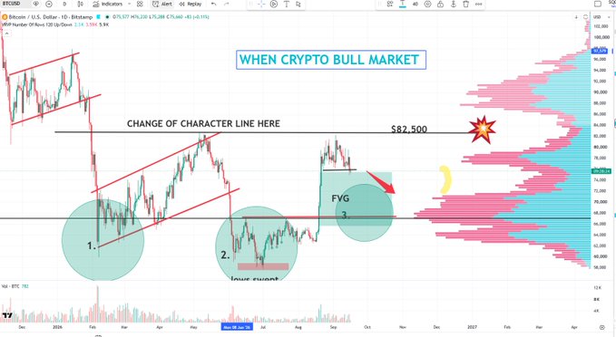 A BTC/USD daily candlestick chart on Binance annotated with "WHEN CRYPTO BULL MARKET" and showing a change of character line near $82,500, alongside two highlighted rounding bottom patterns and a Fair Value Gap (FVG) at ~$65,000, illustrating the analyst's view that Bitcoin remains in a bottoming structure capable of forming a higher low before a potential breakout.