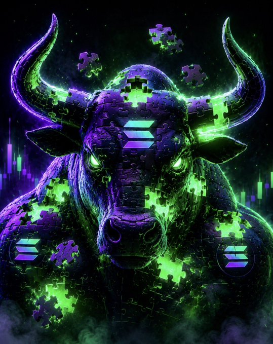 A neon green and purple bull with puzzle piece patterns and Solana logos glowing against a dark background.