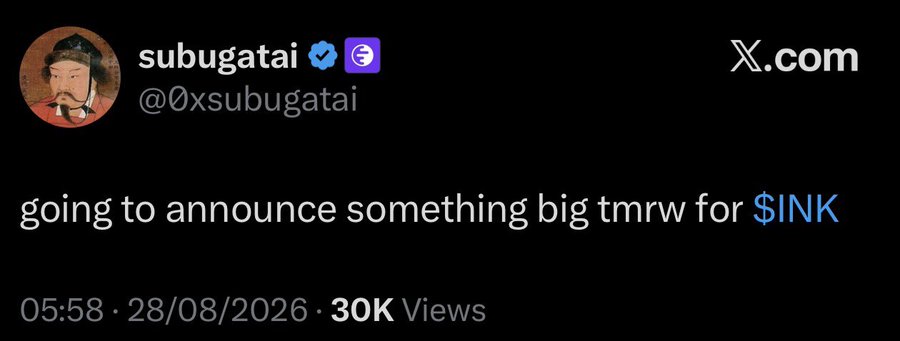The image is a tweet from user @0xsubugatai (subugatai) saying "going to announce something big tmrw for $INK," which aligns with the accompanying post's speculation about an upcoming $INK airdrop from @inkonchain, with the tweet serving as a tease for a major $INK-related announcement.