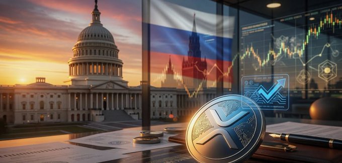 The image depicts Russia's flag waving beside a graphic of the U.S. Capitol building, with a gold XRP cryptocurrency coin in the foreground surrounded by financial charts, symbolizing the post's message about Russia advancing its crypto regulation through President Putin's newly signed framework while the U.S. lags behind on passing the CLARITY Act.