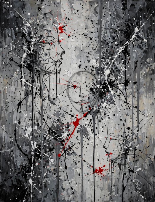 An abstract painting featuring minimalist line-drawn faces in grayscale with vivid red paint splatters against a chaotic splattered background.