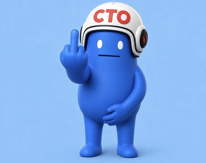 A blue cartoon figure wearing a white 'CTO' helmet raises one finger against a blue background.