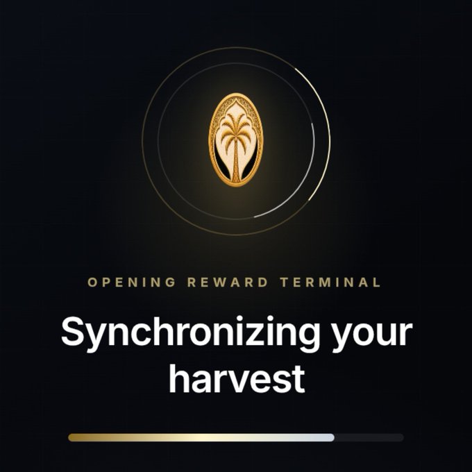 A dark-themed loading screen displays a glowing gold emblem featuring a palm tree inside an oval, with circular progress rings, the text "OPENING REWARD TERMINAL" in gold, and "Synchronizing your harvest" in large white letters above a gold-to-white progress bar. The imagery aligns with the post by visually reinforcing the ongoing $TANSIQ mining journey, as the "Synchronizing your harvest" message and progress bar symbolize the accumulation of tokens ahead of the $TANSIQ TGE.