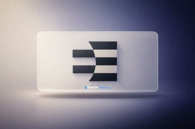 A minimalist graphic design featuring a stylized black letter 'E' on a white rectangular card, with a 'DropsTab Research' watermark at the bottom, set against a gradient purple background.