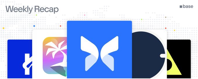 A graphic titled 'Weekly Recap' from 'base' featuring app icons including a prominent blue butterfly logo and other colorful square app tiles.