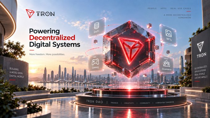 A promotional banner for the 'TRON' cryptocurrency, featuring the text 'Powering Decentralized Digital Systems' and a glowing red logo in a futuristic city setting.
