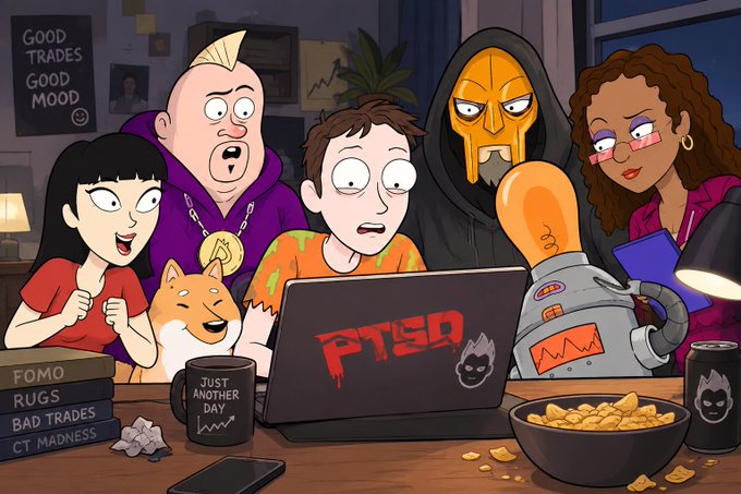 Illustrated scene with five characters gathered around a laptop displaying "PTSR" logo, with books titled "FOMO, RUGS, BAD TRADES, CT MADNESS" visible.