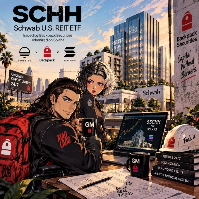 A stylized comic-style illustration promoting the tokenized $SCHH Schwab U.S. REIT ETF on Solana, featuring a man and woman with a laptop displaying "$SCHH on Solana" alongside branding for Backpack Securities, Sunrise, and Solana, with text emphasizing "Tokenization," "Real World Assets," and "Equities 24/7." The accompanying post announces that $SCHH has been listed on Backpack as a tokenized, 1:1 redeemable, and transferable asset on Solana.