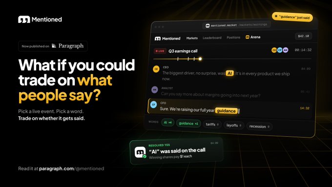 A promotional graphic for Paragraph's 'Mentioned' market platform with the tagline 'What if you could trade on what people say?' featuring a Q3 earnings call transcript example.
