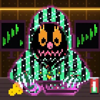 A pixel-art character in a green and black striped hooded outfit with a stylized face, sitting at a computer with green trading charts on monitors and a soda can nearby.