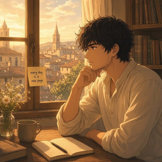 An anime-style illustration of a dark-haired young man in a white shirt sitting at a wooden desk by a window, gazing thoughtfully at a cityscape with a sticky note reading 'every day is a new page'.