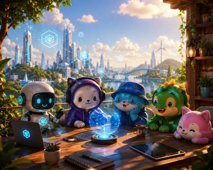 Whimsical digital illustration of cute mascot characters including a robot, cat, octopus, dinosaur, and pink cat gathered around a table with a holographic globe, set against a futuristic eco-city skyline.