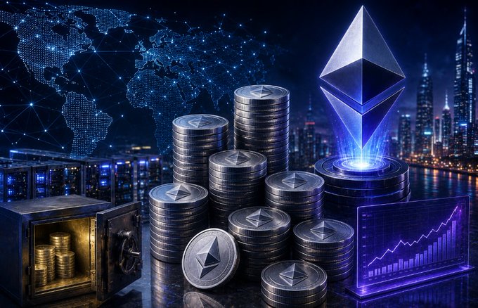 A digital illustration showing stacks of Ethereum (ETH) coins alongside the Ethereum logo, with a world map, server racks, a safe, and a rising chart in the background.