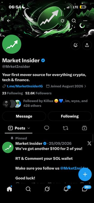 Screenshot of a Twitter/X profile for 'Market Insider' (@MrketInsider) with 52.6K followers, featuring a pinned post about a $100 giveaway for 2 people who RT and comment their SOL wallet.