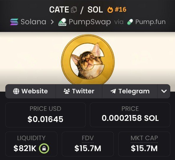 A cryptocurrency trading interface displays the CATE/SOL token (#16) on Solana's PumpSwap via Pump.fun, showing a cat-themed logo with a current price of $0.01645 (0.0002158 SOL), $821K liquidity, and a $15.7M market cap/FDV. The image supports the post's bullish sentiment by showing CATE's market metrics, implying significant upside potential remains given the token's relatively low price point.