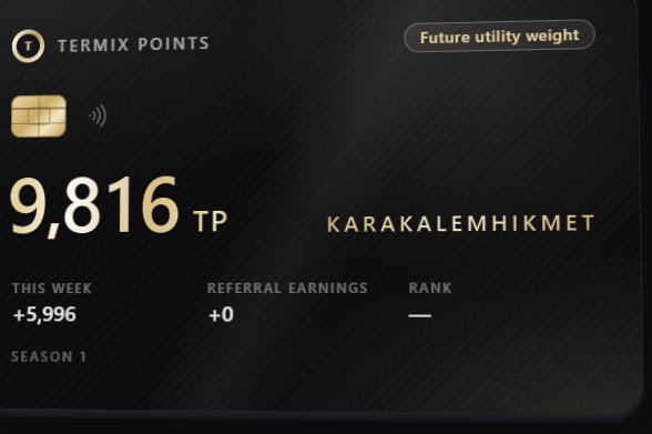 A digital dashboard displaying "TERMIX POINTS" with a total of "9,816 TP", labeled "Future utility weight" and showing weekly gains and rank stats.
