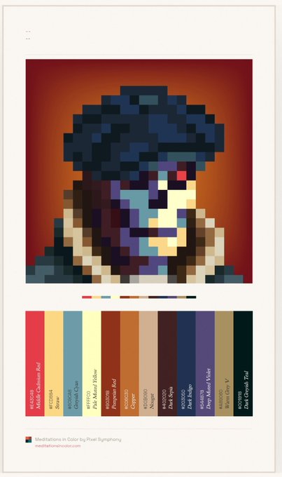 This image is a pixel art color palette poster titled "Ideations in Color by Pixel Bytephany" featuring a hooded figure with glowing red eyes against a dark red background, with a color swatch bar below displaying labeled colors (e.g., Medium Carmine Red, Saffron, Copper, Midnight Blue, Dark Charcoal). It relates to "Iconic GU #7571" by presenting the artwork in a stylized, color-analyzed format reminiscent of generative NFT collections.