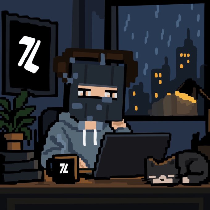 A pixel art illustration of a character wearing headphones and a hood, sitting at a desk with a laptop and mug in a rainy cityscape at night.