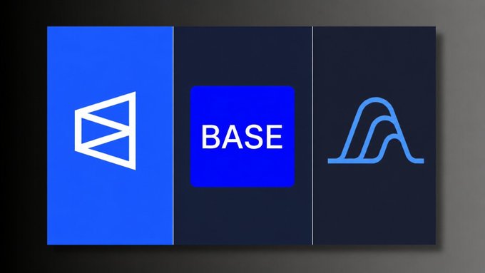 The image features a three-panel graphic with three different logos, each representing a different company or concept related to basecamp. The first panel displays a blue triangle logo for basecamp, followed by a blue square logo for Polymarket, and finally a blue wave logo for VariationalIO. Each logo is accompanied by the text "base" in white letters. The panels are arranged in a vertical line against a black background, creating a sense of depth and perspective within the image.