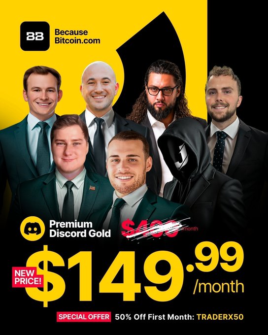 The image is a promotional advertisement for "Because Bitcoin.com's" Premium Discord Gold membership, featuring 7 analysts (one hooded figure and six men in suits) against a yellow and black background, advertising a new price of $149.99/month with code "TRADERX50" for 50% off the first month. The ad directly ties to the post by promoting the Discord's features—daily livestreams, 7 analysts, education, and community—highlighting the team behind the trading service.